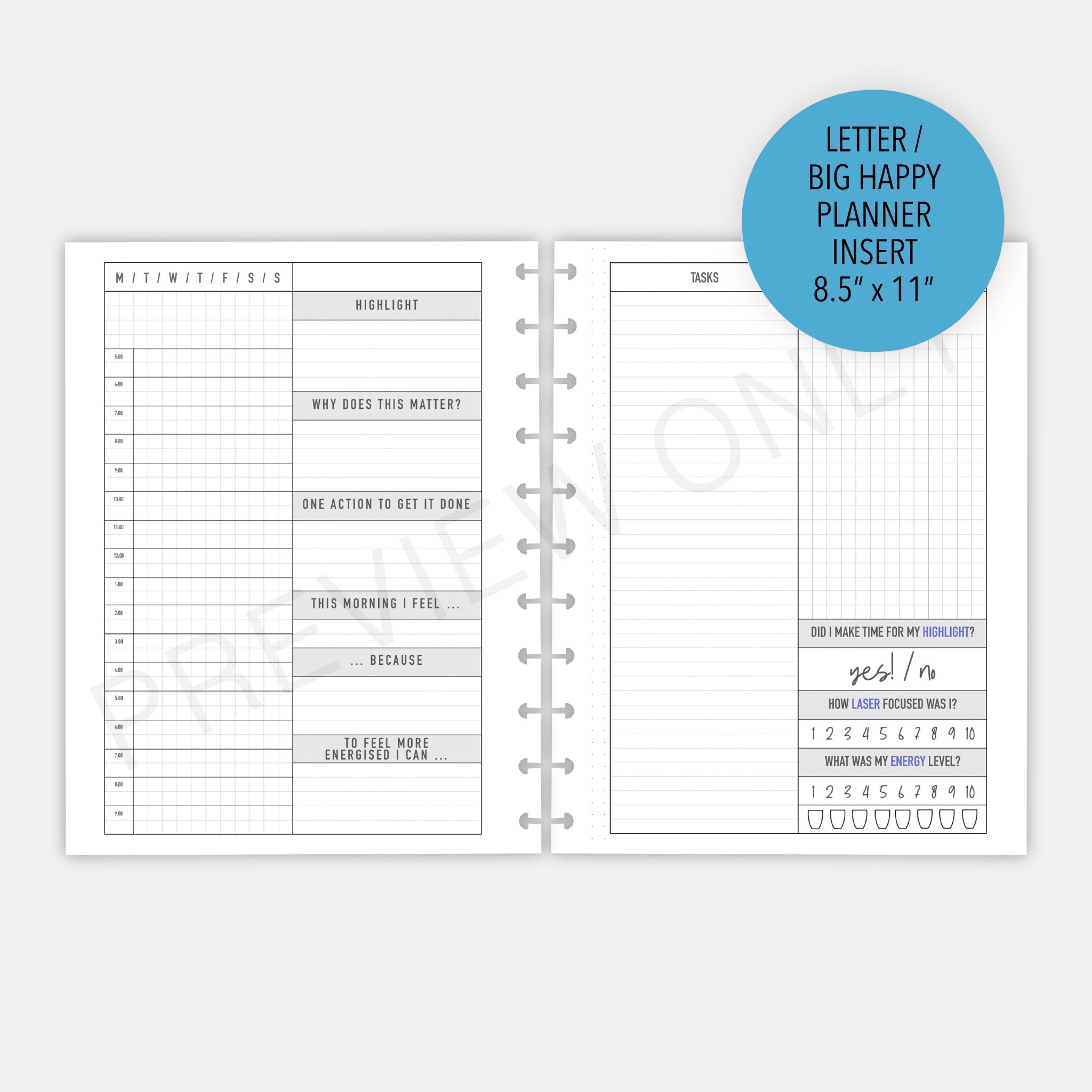 Letter / Big Happy Planner "Make Time" Daily on 2-Page Planner Inserts ...