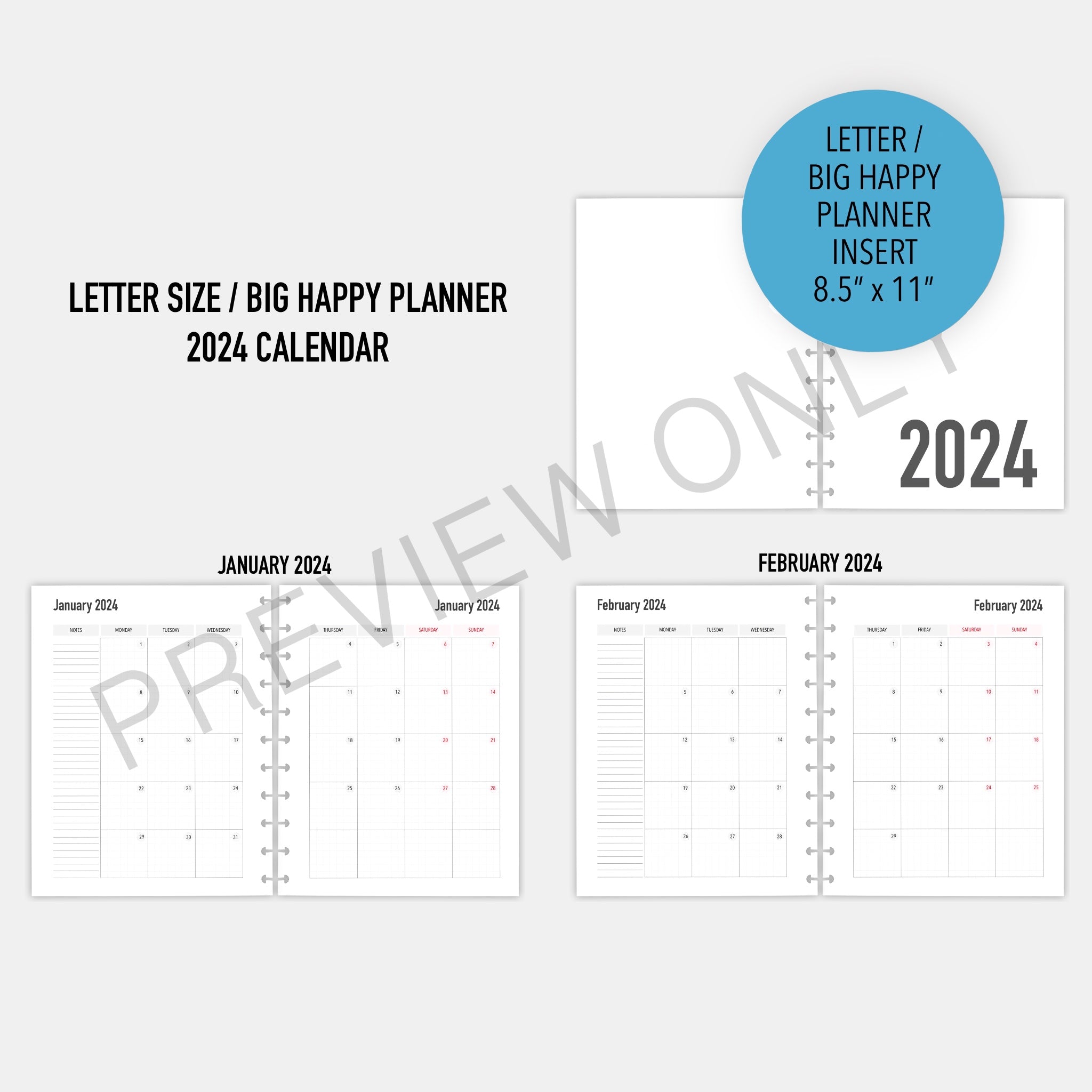 Letter /Big Happy Planner 2024 Calendar Planner Inserts Printable Down