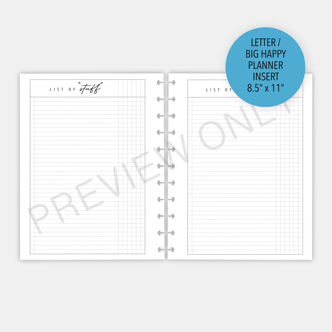 Letter / Big Happy Planner List of 