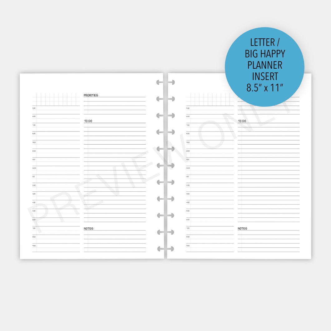 Letter / Big Happy Planner 1-Page Daily Planner Inserts Printable Download