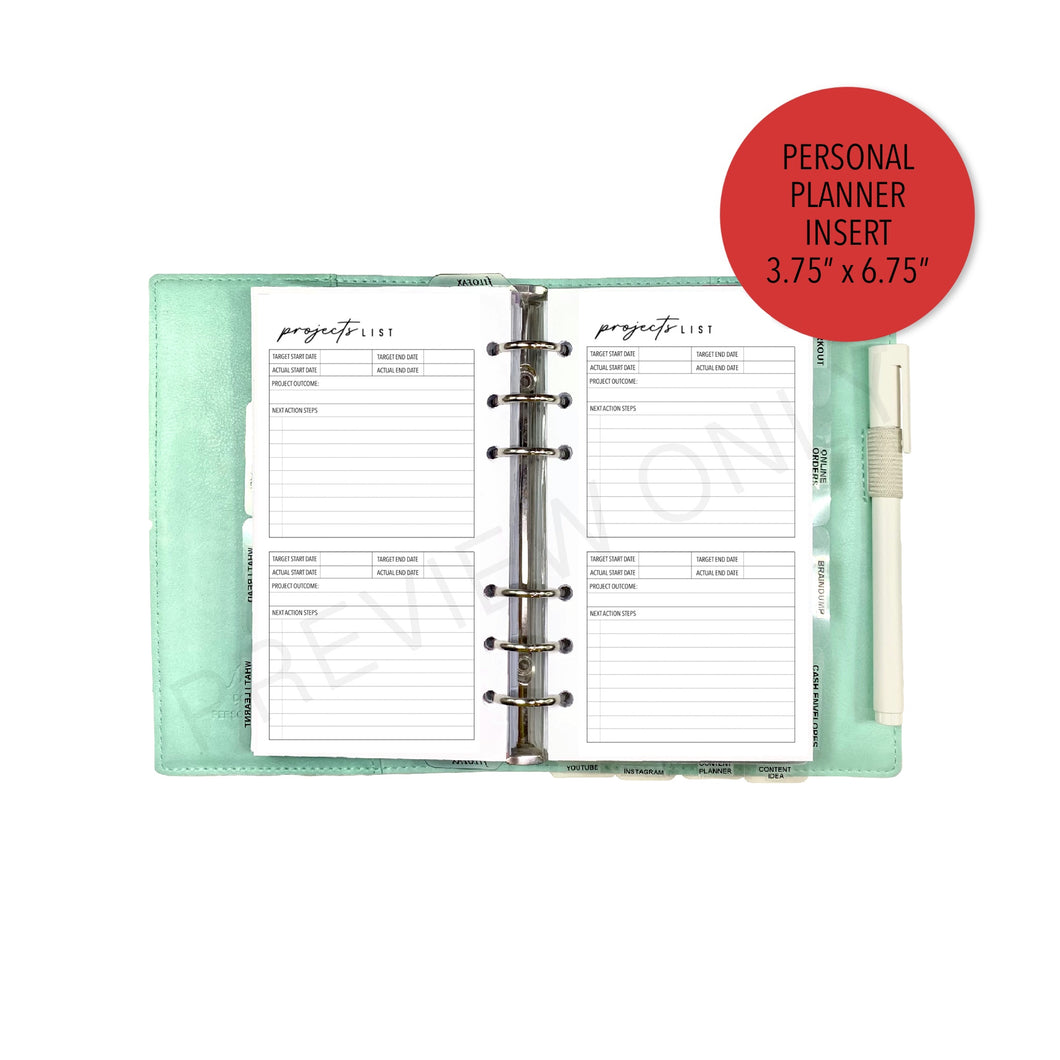 Personal V.3 Projects List Planner Inserts Printable Download - Letter / A4 Size Paper