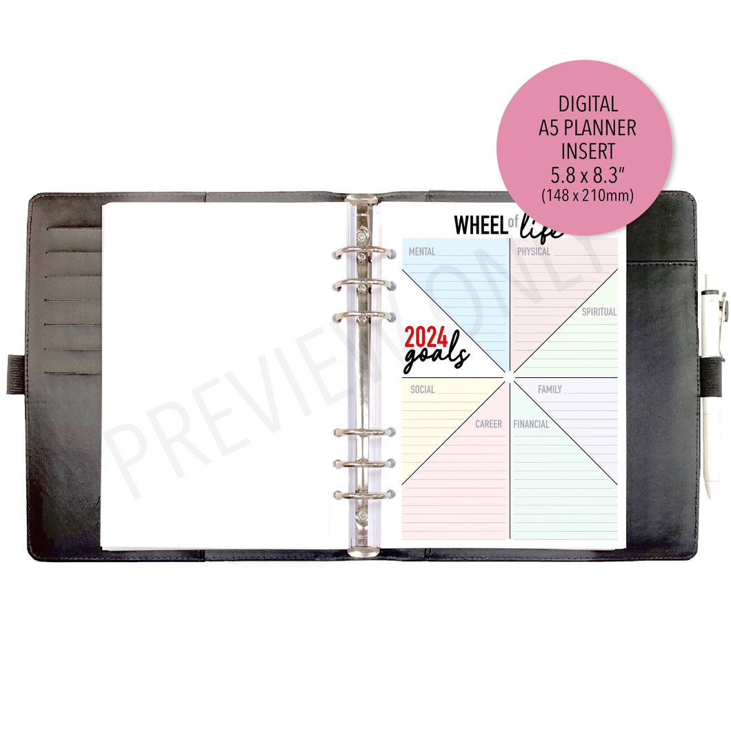 A5 2024 Wheel of Life Goals Tracker Planner Inserts Printable Download - Letter / A4 / A5 Size Paper