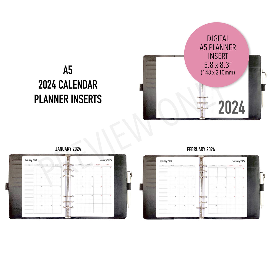 A5 2024 Calendar Planner Inserts Printable Download - Letter / A4 / A5 Size Paper