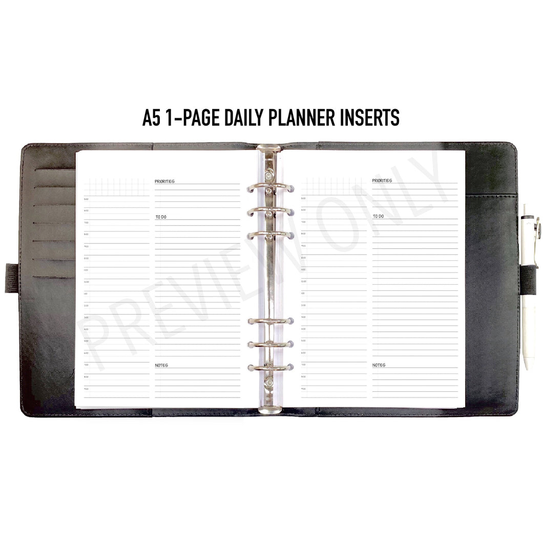 A5 1-Page Daily Planner Inserts Printable Download - Letter / A4 / A5 Size Paper