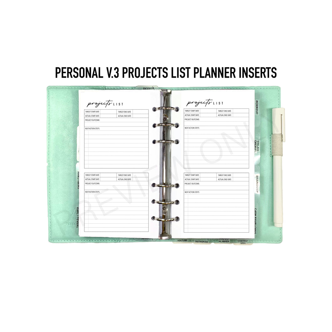 Personal V.3 Projects List Planner Inserts Printable Download - Letter / A4 Size Paper