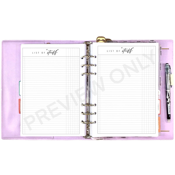List of "Stuff" Planner Inserts Printable Download