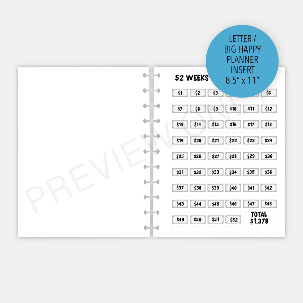 Letter / Big Happy Planner 52 Weeks Savings Challenge Planner Inserts Printable Download
