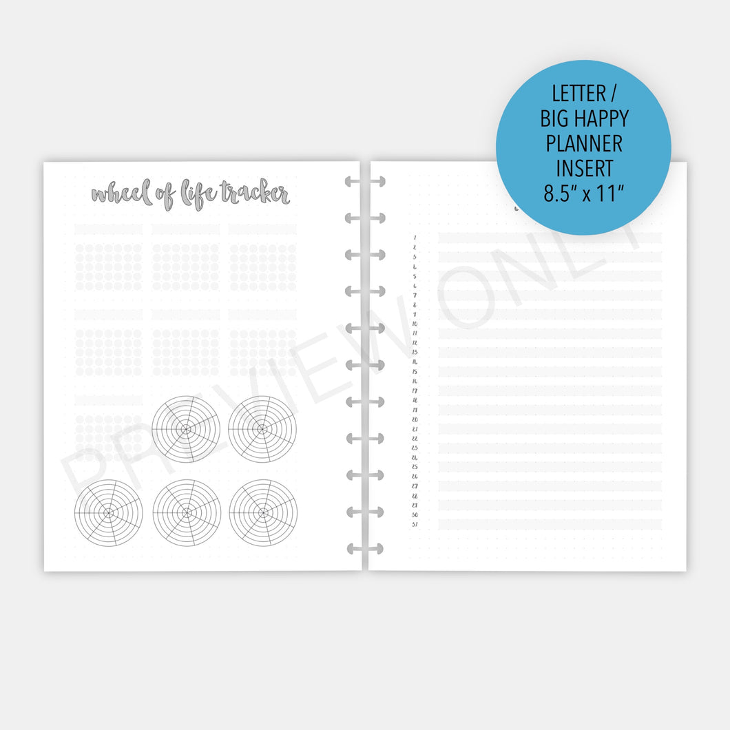 Letter / Big happy Planner Bullet Journal Style Wheel of Life & Gratitude Log Planner Inserts Printable Download