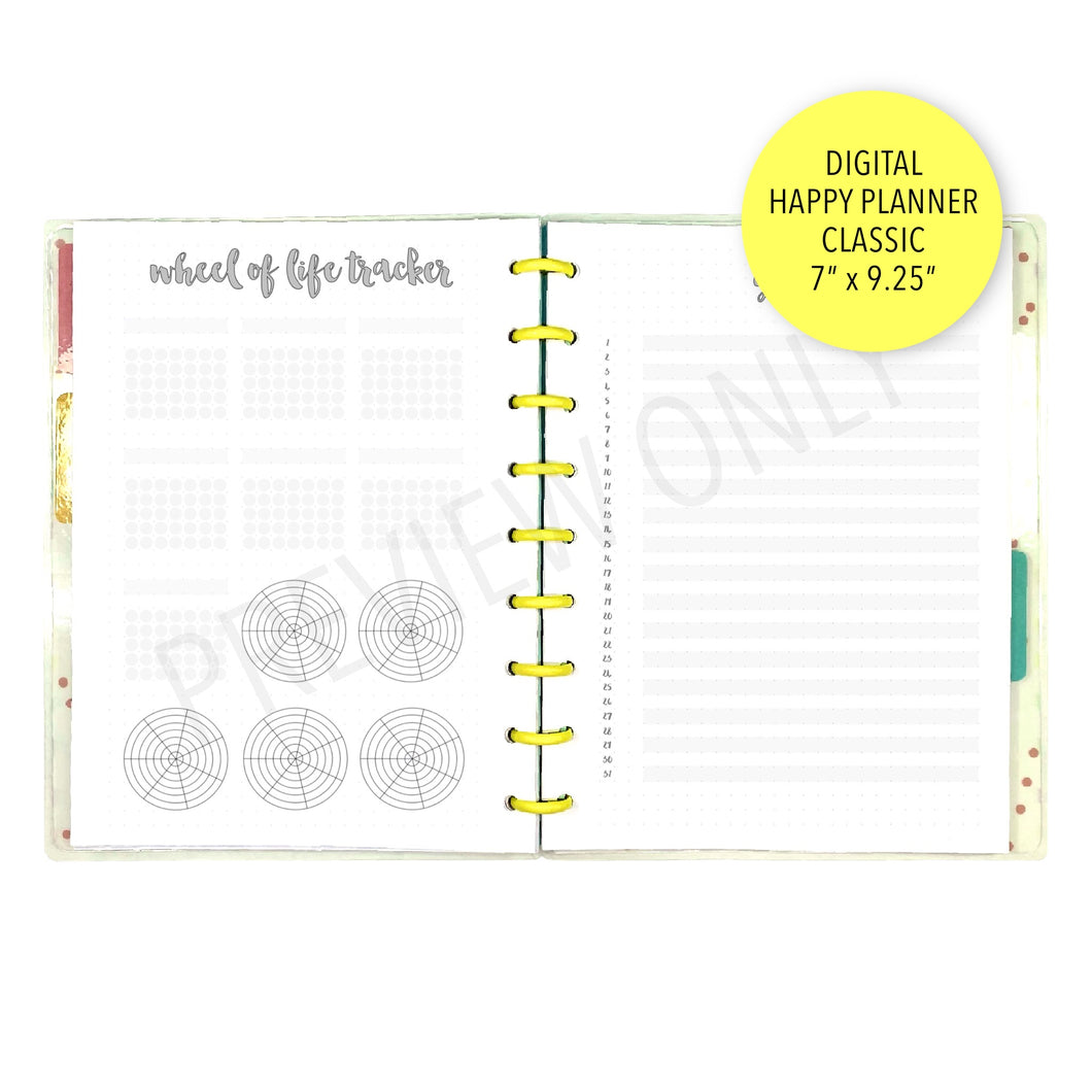 HP Classic Bullet Journal Style Wheel of Life & Gratitude Log Planner Inserts Printable Download - Letter / A4 / HP Classic Size Paper