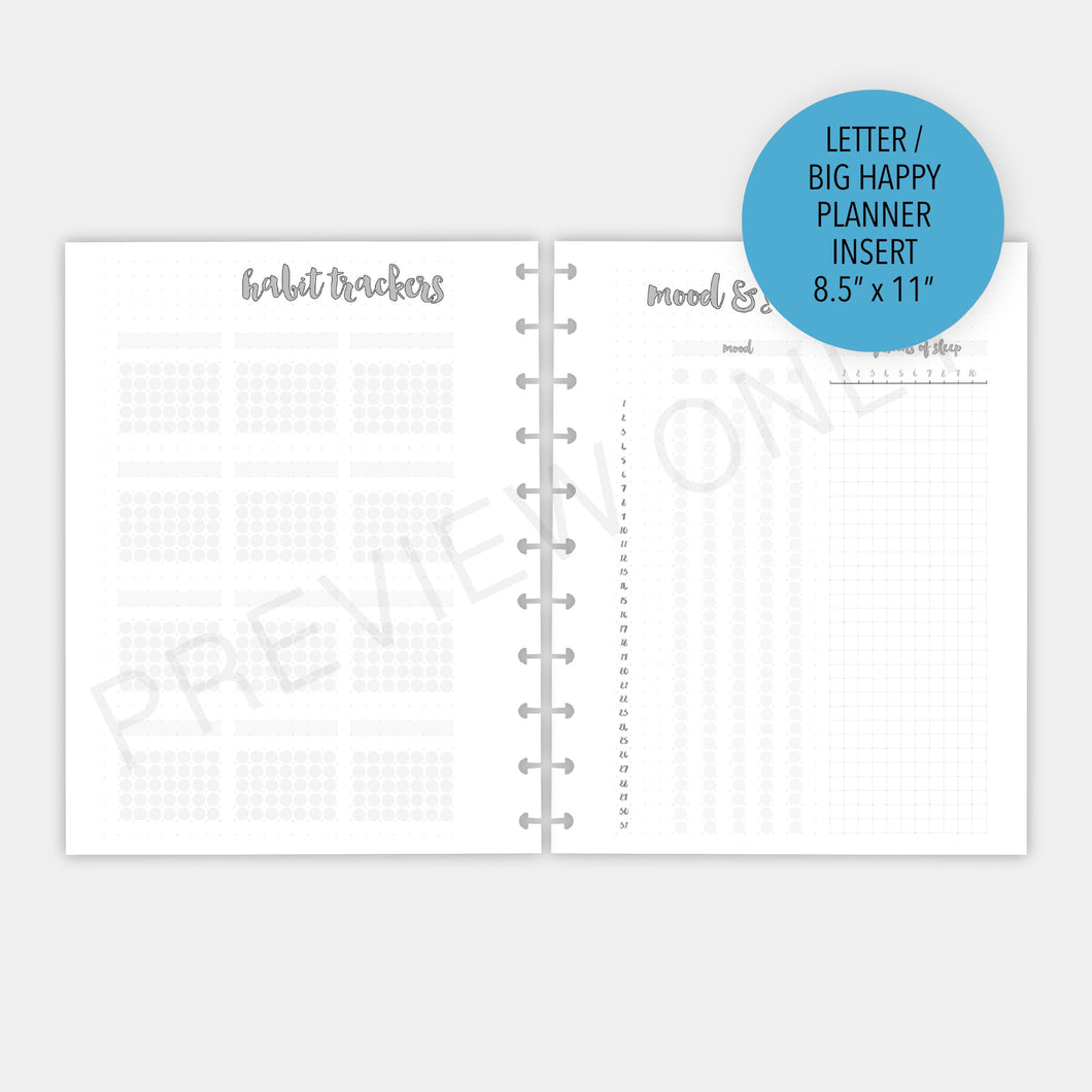 Letter / Big Happy Planner Bullet Journal Style Habit, Mood & Sleep Trackers Planner Inserts Printable Download