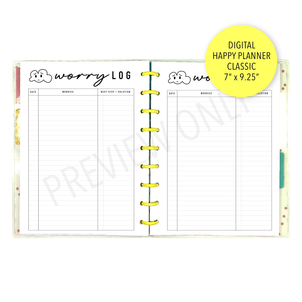 HP Classic Worry Log Planner Inserts Printable Download - Letter / A4 / HP Classic Size Paper