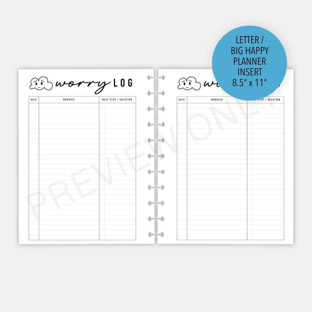 Letter / Big Happy Planner Worry Log Planner Inserts Printable Download