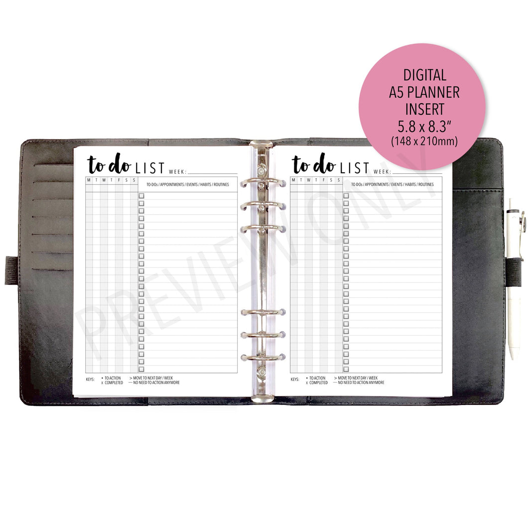 A5 Running To Do List Planner Inserts Printable Download - Letter / A4 / A5 Size Paper