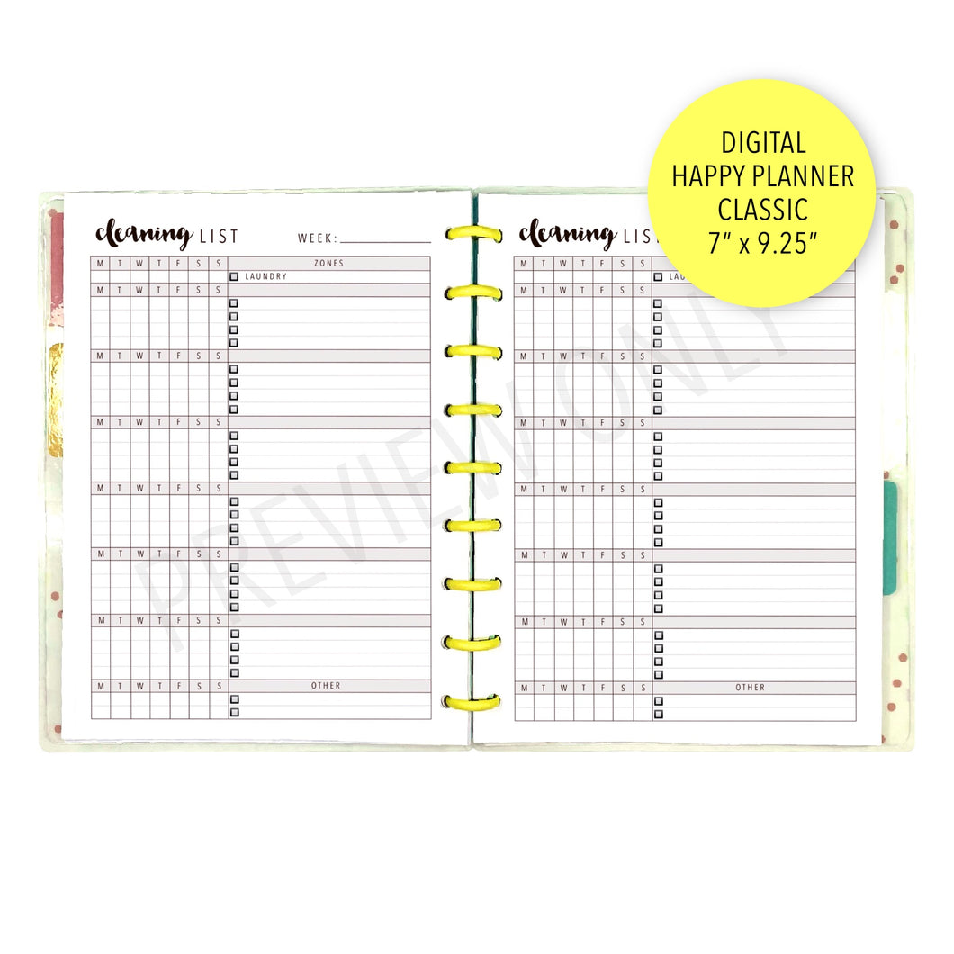 HP Classic Running Cleaning List Planner Inserts Printable Download - Letter / A4 / HP Classic Size Paper
