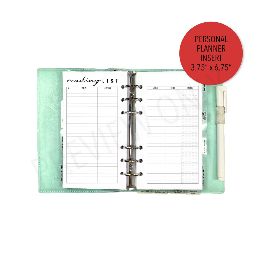 Personal Reading List Planner Inserts Printable Download - Letter / A4 Size Paper
