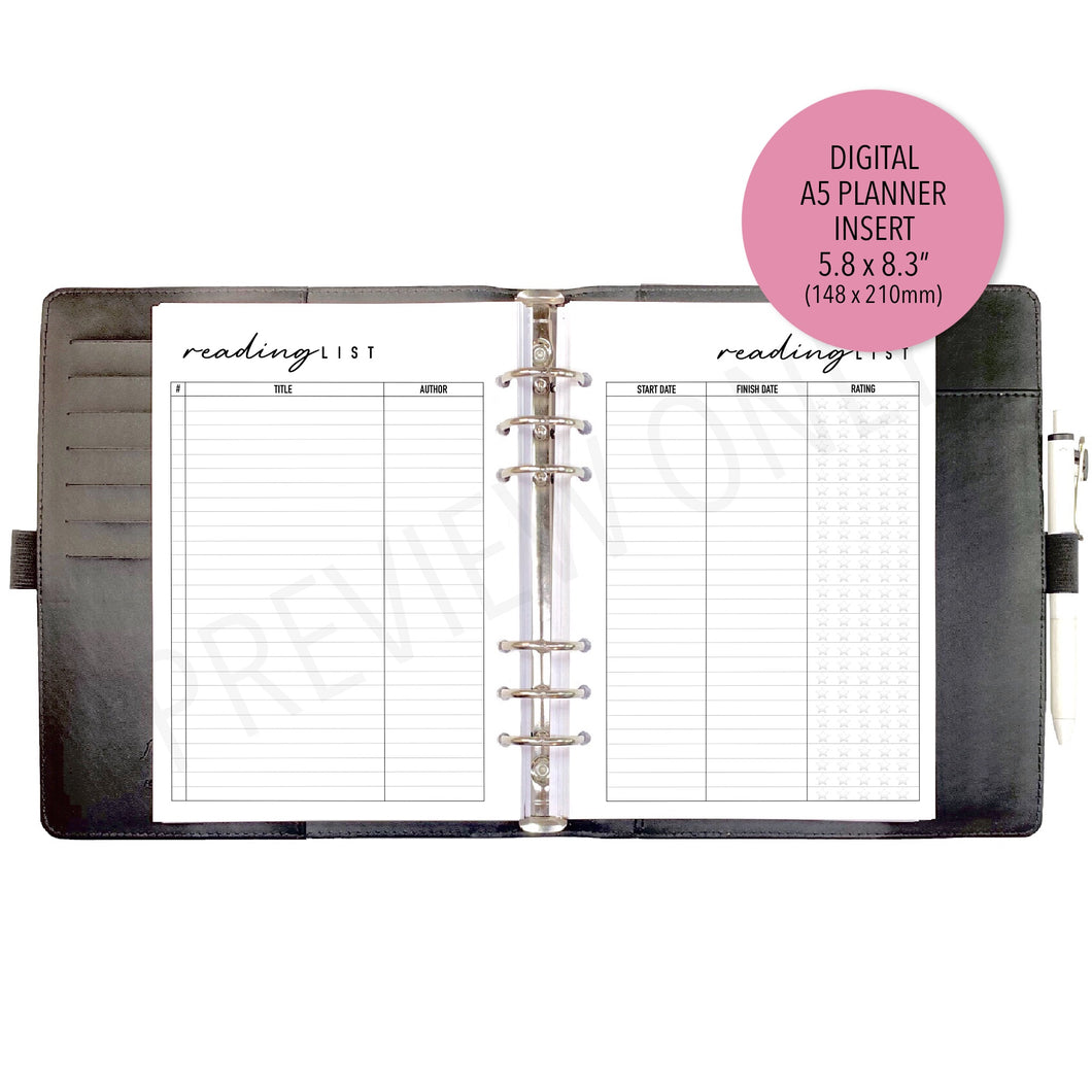 A5 Reading List Planner Inserts Printable Download - Letter / A4 / A5 Size Paper