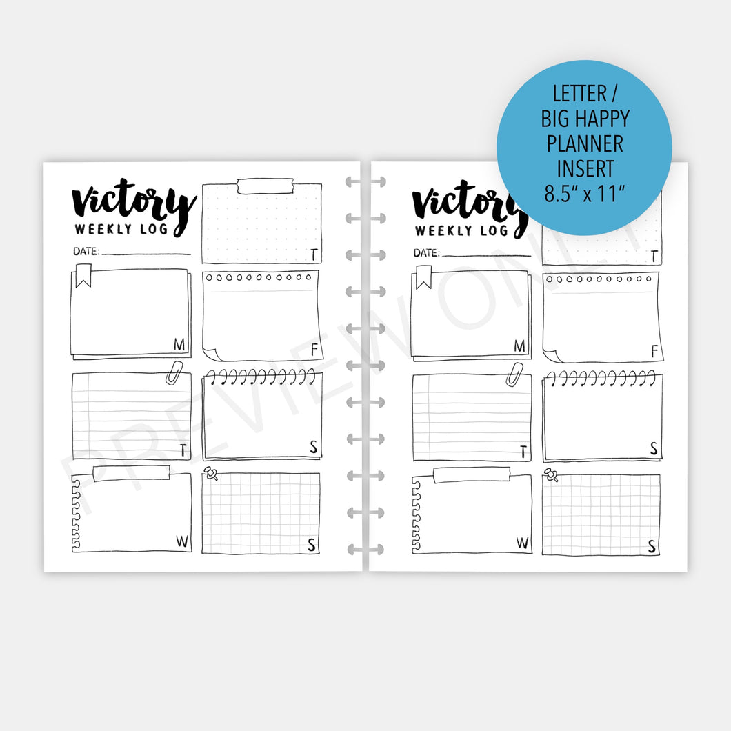 Letter / Big Happy Planner Victory Weekly Log Planner Inserts Printable Download