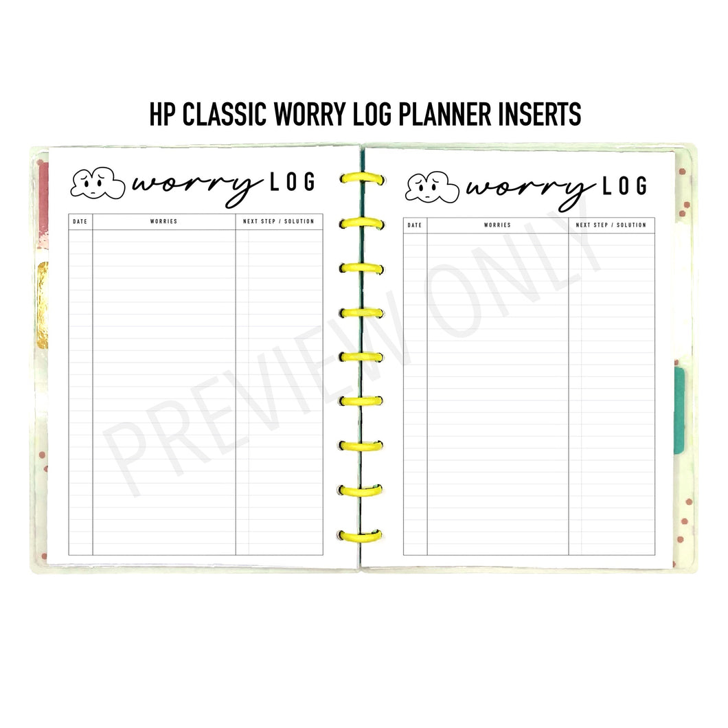 HP Classic Worry Log Planner Inserts Printable Download - Letter / A4 / HP Classic Size Paper