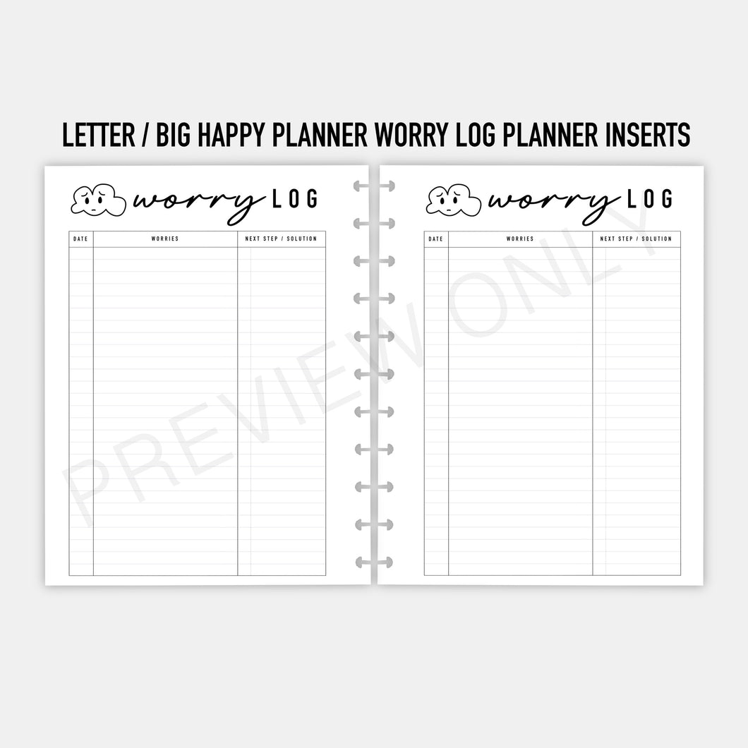 Letter / Big Happy Planner Worry Log Planner Inserts Printable Download