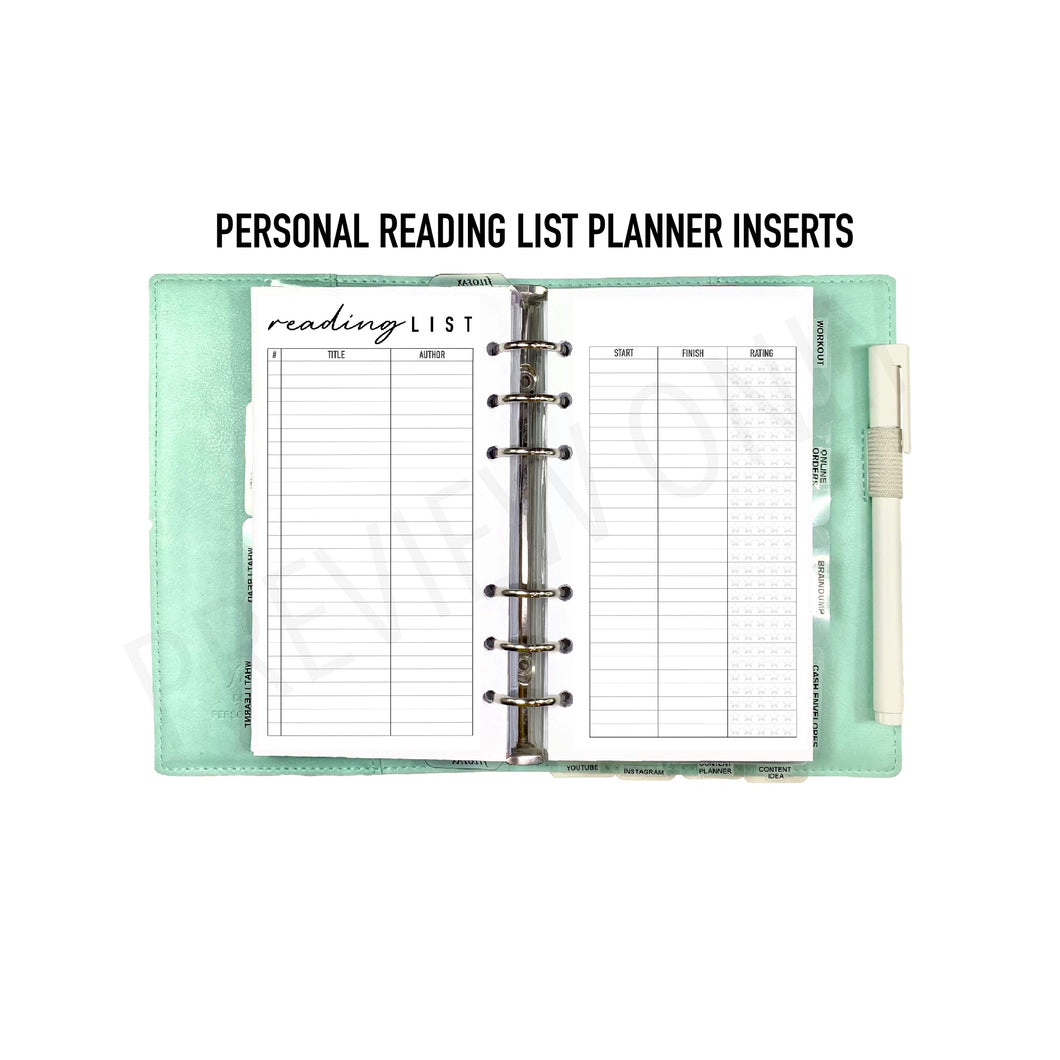 Personal Reading List Planner Inserts Printable Download - Letter / A4 Size Paper