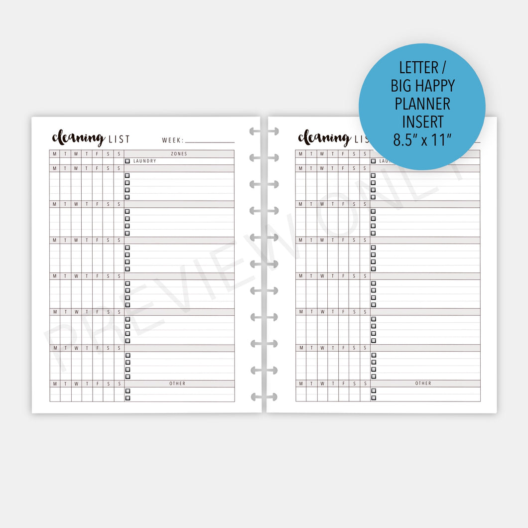 Letter / Big Happy Planner Running Cleaning List Planner Inserts Printable Download