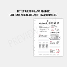 Load image into Gallery viewer, Letter / Big Happy Planner Self-care/Break Checklist Planner Inserts Printable Download
