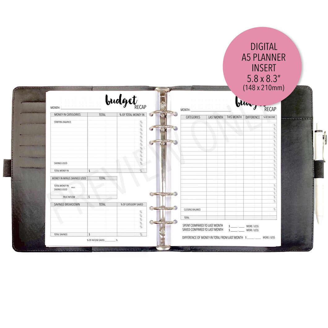 A5 Budget Recap Planner Inserts Printable Download - Letter / A4 / A5 Size Paper