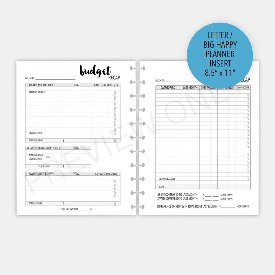 Letter / Big Happy Planner Budget Recap Planner Inserts Printable Download