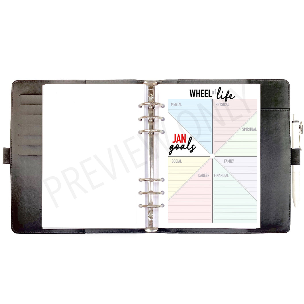 A5 2025 Wheel of Life Goals Tracker Planner Inserts Printable Download - Letter / A4 / A5 Size Paper