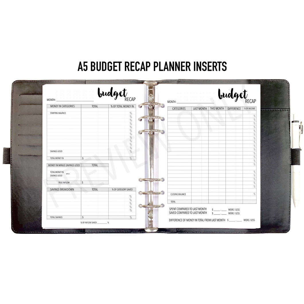 A5 Budget Recap Planner Inserts Printable Download - Letter / A4 / A5 Size Paper