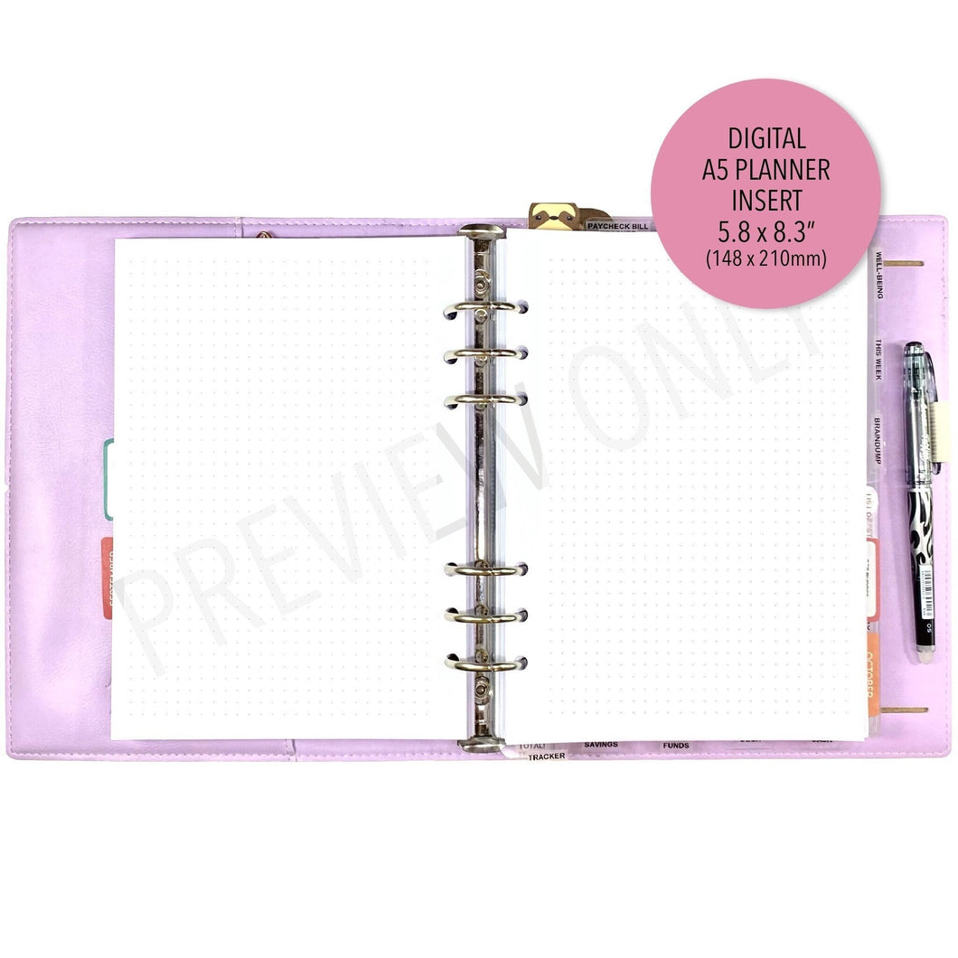 A5 Dotted Planner Inserts Printable Download - Letter / A4 / A5 Size Paper