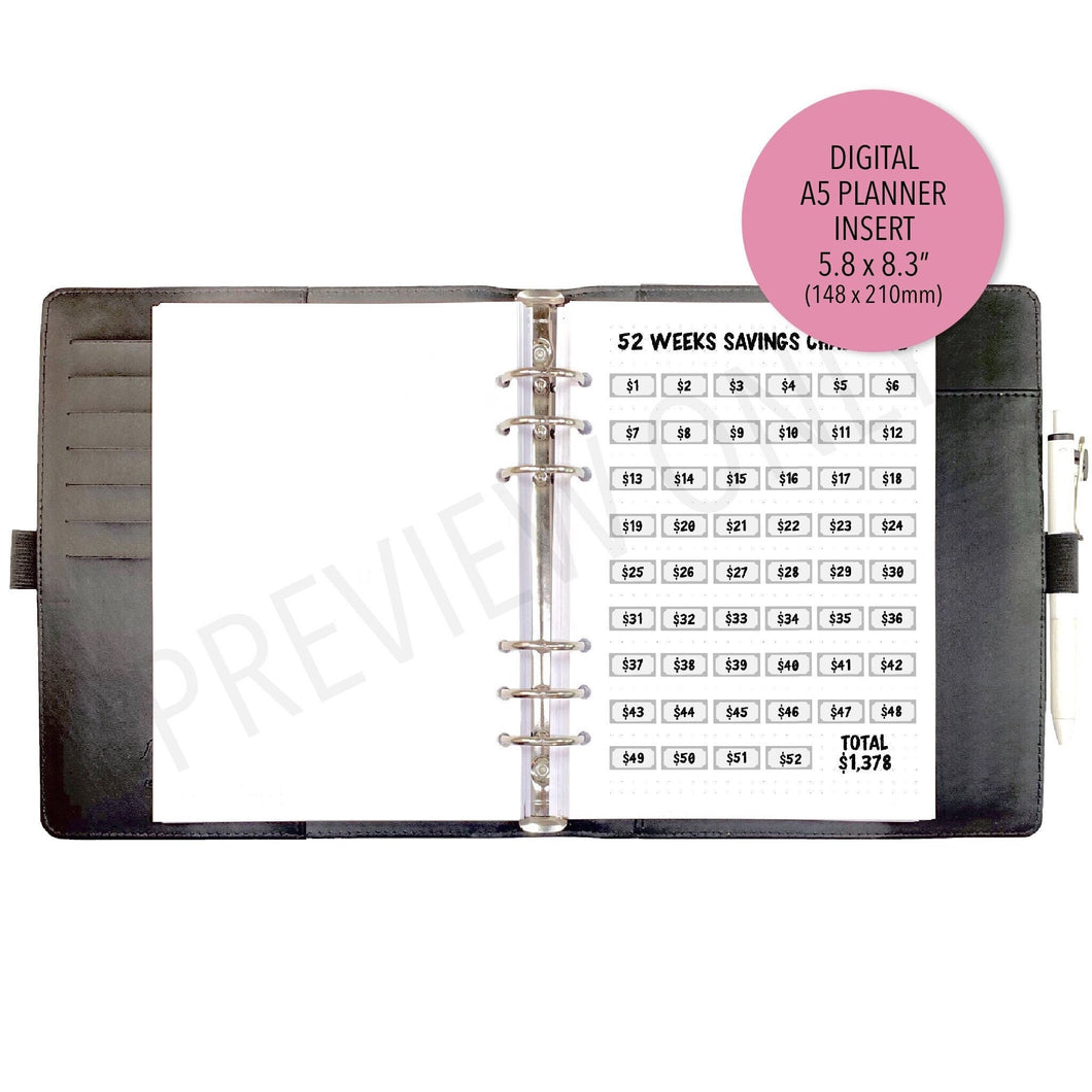 A5 52 Weeks Savings Challenge Planner Inserts Printable Download - Letter / A4 / A5 Size Paper